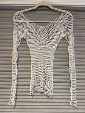 Arden B White Open-Weave Long Sleeve Mesh Top